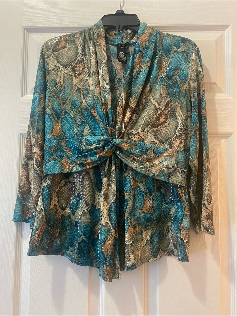 London Times Teal Snake-Print Twist Front Top